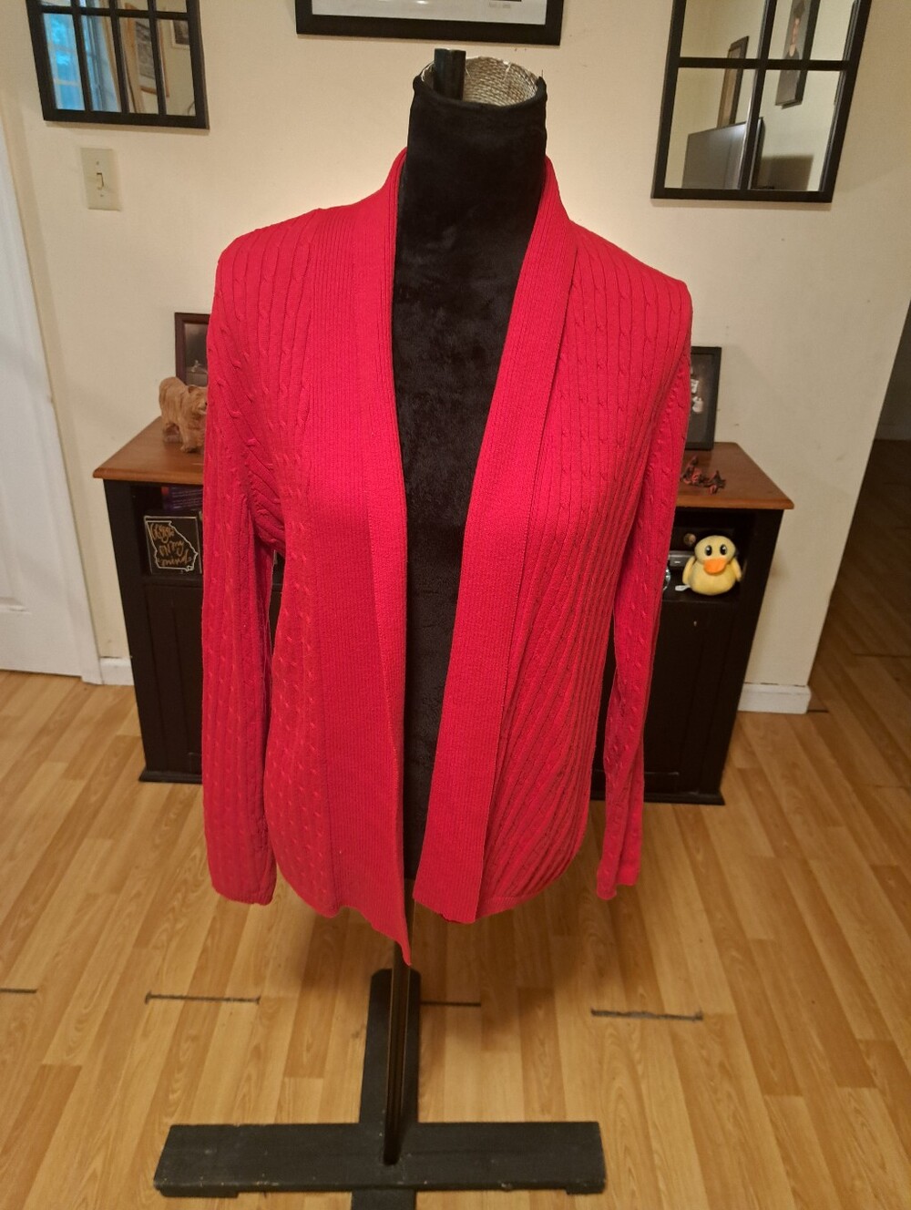 Medium Kim Rogers Red Long Sleeve Cotton Cable Knit Open Front Sweater Cardigan